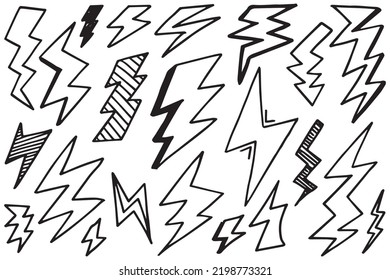 Set Of Hand Drawn Vector Doodle Electric Lightning Bolt Symbol Sketch Illustrations. Thunder Symbol Doodle Icon .