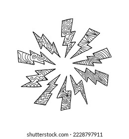 set of hand drawn vector doodle electric lightning bolt symbol sketch illustrations. thunder, vector ilustration
