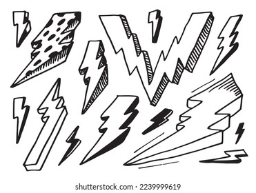 set of hand drawn vector doodle electric lightning bolt symbol sketch illustrations. thunder symbol doodle icon.