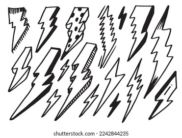 set of hand drawn vector doodle electric lightning bolt symbol sketch illustrations. thunder symbol doodle icon.