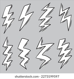 set of hand drawn vector doodle electric lightning bolt symbol sketch illustrations. thunder symbol doodle icon .