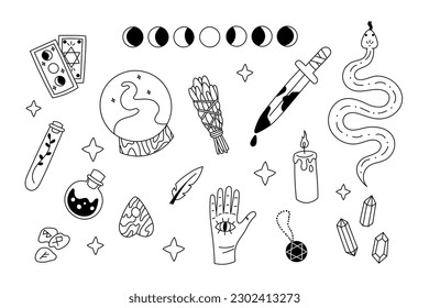 Set of hand drawn vector doodle elements isolated on white background. Mystical occult elements, modern witch things: magic ball, tarot, herbs, dagger, snake, potion, crystals, runes, etc.