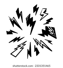 set of hand drawn vector doodle electric lightning bolt symbol sketch illustrations. thunder, vector ilustration