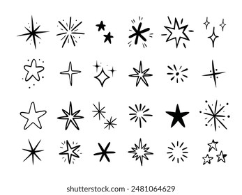 Set of hand drawn hand drawn vector doodle stars and sparkles. Isolated on white background. Vector illustration.