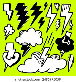 set of hand drawn vector doodle electric lightning bolt symbol sketch illustrations. thunder symbol doodle icon.