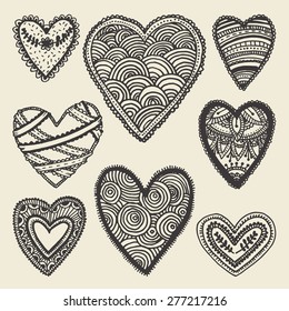 set of hand drawn vector doodle hearts, design elements