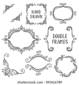 Set of hand drawn vector doodle frames on white background. Beautiful modern design elements for invitation, greeting card, coloring book