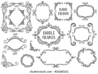 Set of hand drawn vector doodle frames on white background. Beautiful modern design elements for invitation, greeting card, coloring book