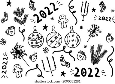 Set of hand drawn vector doodles for the New year celebration 2022. Christmas eve decorations icon outlines. Cute winter sketch for fun Happy New Year party. Black and white holiday elements.