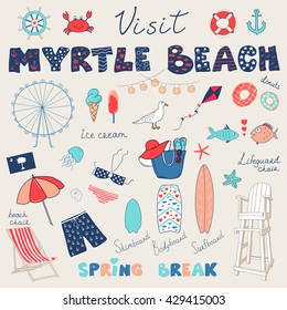 Set of hand drawn vector doodles of Myrtle Beach, South Carolina, USA.