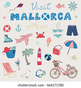 Set of hand drawn vector doodles of Mallorca, Balearic islands, Spain.
