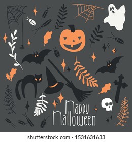 Set of hand drawn vector elements for halloween. Beautiful design with pumpkins, black cat, hat, broom, autumn leaves, ghosts, skull, crosses handwritten and lettering