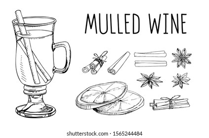 Set of hand drawn vector elements isolated on white. Mulled wine with spices and citrus fruit. Traditional winter alcoholic beverage. Popular Christmas cocktail. Menu decoration. Modern lettering