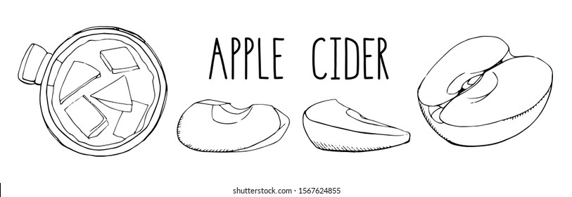 Set of hand drawn vector elements isolated on white. Apple cider with spices and fruit slices. Popular winter alcoholic beverage. Christmas cocktail. Clip art for menu decoration. Modern lettering