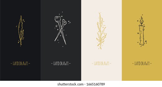 Set of hand drawn vector elements. Flover, bones, leaf, candle, letters. Black, white and goldens. Uniq illustration. For print and web. 