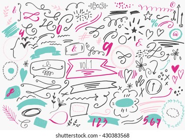 Set of hand drawn vector elements including arrows, hearts, numbers, lines, squiggles, frames, borders, calligraphic swirls, branches, stars, dots, plants, ampersands, drops, speech bubbles, ribbons.