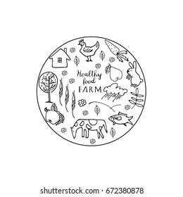 Set of hand drawn vector elements for organic product label. Ideal  for market, grocery store poster or healthy food farm.