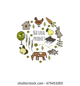 Set of hand drawn vector elements for natural product label. Ideal  for market, grocery store poster or healthy food farm.