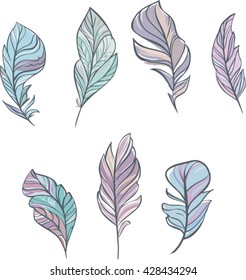 Set of hand drawn vector feathers. 7 isolated on white objects. Fine clip art for design