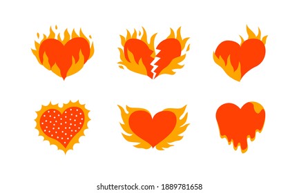 Conjunto de corazones inflamados por vectores dibujados a mano. El corazón se quema en llamas. Todos los elementos están aislados.