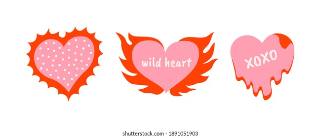 Set of hand drawn vector flaming hearts. Xoxo (hugs and kisses). Wild heart. All elements are isolated.