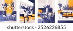 Set of hand drawn vector flat illustrations. Concept inside shopping mall. Modern interior with food court, cafeterias and restaurants surrounded by indoor large pots with tropical plants.