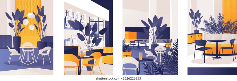 Set of hand drawn vector flat illustrations. Concept inside shopping mall. Modern interior with food court, cafeterias and restaurants surrounded by indoor large pots with tropical plants.