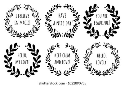 Set of hand drawn vector floral elements with quotes. Design elements for invitations, greeting cards, blogs, posters, wedding frames.