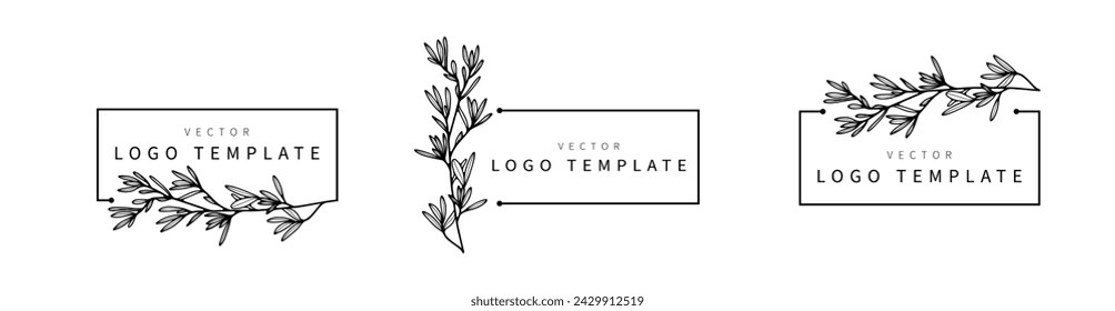 Set of hand drawn vector floral logos with branches and leaves on a white background. Floral frames, badges, logo design template