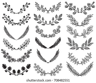 Set of hand drawn vector floral wreaths with branches, leaves, flowers, berries. Decorative elements for design in black and white sketch style