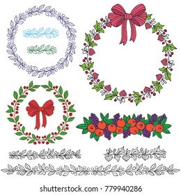 Set of hand drawn vector floral design elements. Isolated holiday wreathes with pattern brushes