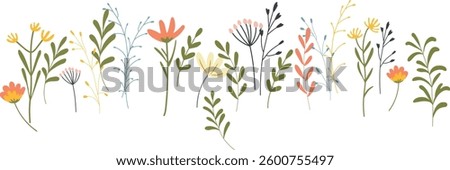 Set of hand drawn vector floral elements for decoration. Spring branches, flowers, leaves and petals in a row for frames and cards. Botanical template collection. Colorful doodles for pattern