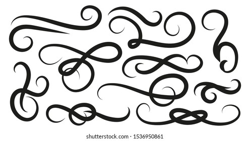 Set of hand drawn vector flourishes on white background vector illustration. Collection of drawing pattern in black color. Poster of elegant scruve ornament