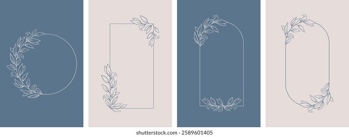 Set of hand drawn vector flower frame, tropical leaves, floral border, wildflower, eucalyptus wreath, branches. Ornament of botanical silhouette element vector. Nature card in minimal line style