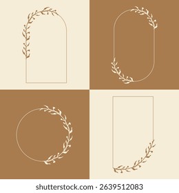 Set of hand drawn vector flower frame, tropical leaves, floral border, wildflower, elegant wreath, branches. Ornament of botanical silhouette element vector. Nature arch in minimal line style