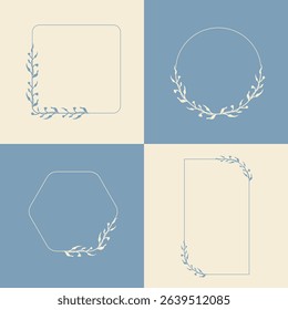 Set of hand drawn vector flower frame, tropical leaves, floral border, wildflower, elegant wreath, branches. Ornament of botanical silhouette element vector. Nature arch in minimal line style