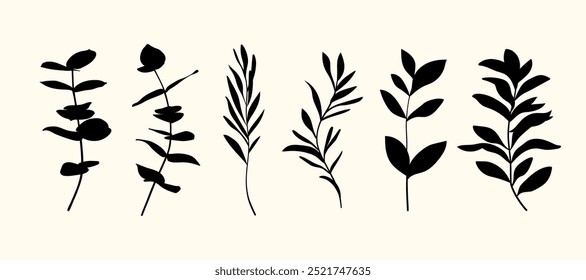 Set of hand drawn vector flowers, tropical leaves, plant, wildflower, rose. eucalyptus. branches. Collection of botanical silhouette element vector. Abstract bouquet in minimalistic flat style