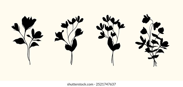 Conjunto de flores de Vector dibujadas a mano, hojas tropicales, planta, flor silvestre, rosa. eucalipto. ramas. Colección de Vector de elemento de silueta botánica. Ramo Abstractas en estilo plano minimalista