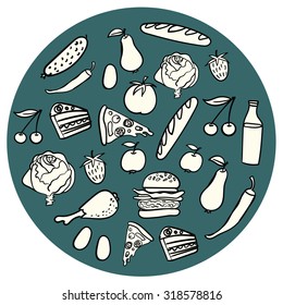 Set of hand drawn vector food, meat, vegetables, fruits, milk, cake, pizza, burger, bread, chicken organized in a nice hipster print.