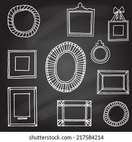 Set of hand drawn vector frames. Doodle white frames collection in sketched style on chalkboard black background.