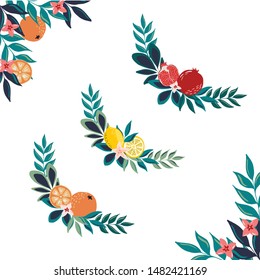Set of hand drawn vector fruit bouquets and frames with lemons, oranges, pomegranates for wedding stationery, cards, invitations,banners template decoration