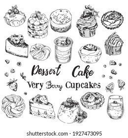 Set Of Hand Drawn Vector Fruit Desserts. Illustration Of Cake With Cream, Dessert Sketch, Pastry Sweet.