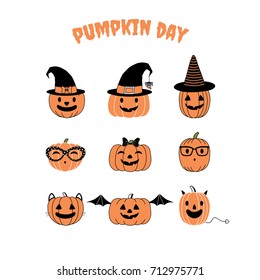 Set of hand drawn vector funny cartoon pumpkins with different faces, witch hats, glasses, ribbon, cat ears, whiskers, bat wings, horns and tail, with text Pumpkin day. Design concept kids, Halloween.