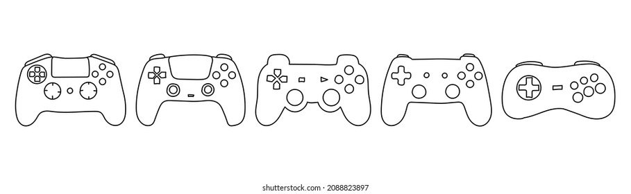 Set of hand drawn vector gamepads in doodle style on white background.