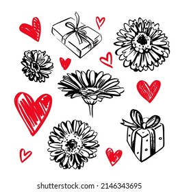 Set of hand drawn vector graphics: hearts, hand drawn gerbera flowers, gift boxes. Flowers graphics. White background