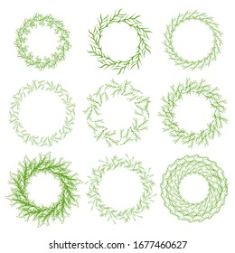 Set of hand drawn vector green floral rustic circle wreaths with plant leaves and branches on white background