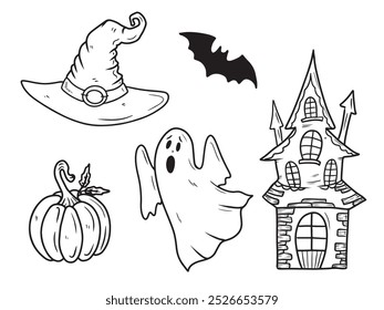 Set von handgezeichneten Vektor-Halloween-Illustrationen mit Hexenhut, Kürbis, fliegendem Geist und Geisterhaus, Schloss mit Fledermaus. Handgezeichnete Vektorskizze Illustration in doodle gravierte Vintage Linie Kunst.