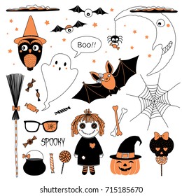 Set of hand drawn vector Halloween design elements, including witch hat, pumpkin, glasses, spider, candy, skull, bones, web, ghost, crescent moon, clouds, bat, owl, broomstick, rag doll, cauldron.