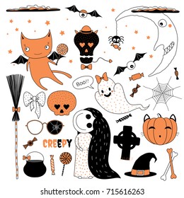 Set of hand drawn vector Halloween design elements, including witch hat, pumpkin, glasses, spider, candy, skull, bones, web, ghost, moon, cat, broomstick, little creepy girl, cauldron, grave stone.