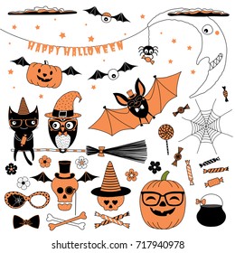 Set of hand drawn vector Halloween design elements witch hat, flying pumpkin, glasses, spider, candy, skull, bones, web, crescent moon, clouds, cat and owl on a broomstick, bat, cauldron, flowers.